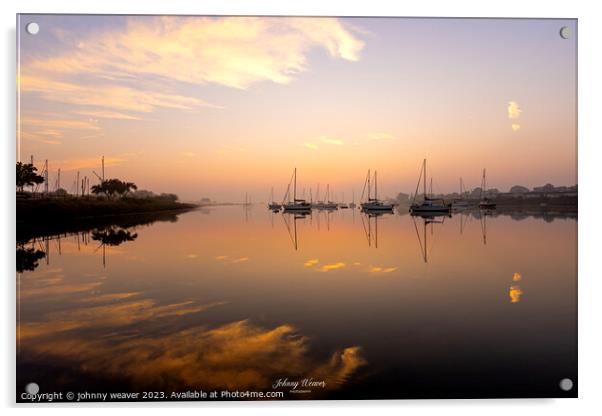 Misty Boat Sunrise reflections River Crouch Essex Acrylic by johnny weaver