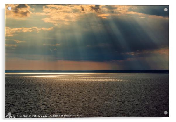 Cloudscape with sun rays over sea. Acrylic by Plamen Petrov