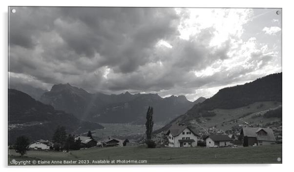 Dramatic Sky over Swiss Alps in Black & White Acrylic by Elaine Anne Baxter