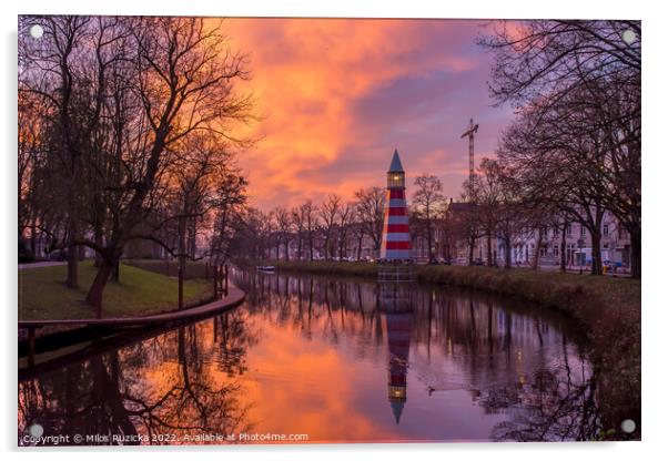 Lighthouse in dutch city of Breda by sunset	 Acrylic by Milos Ruzicka