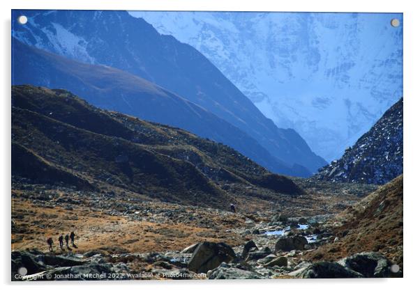 Trekkers in the Gokyo Valley Everest Himalaya Nepal Acrylic by Jonathan Mitchell
