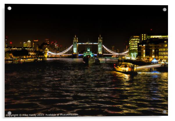 Tower Bridge and HMS Belfast at night Acrylic by Mike Hardy