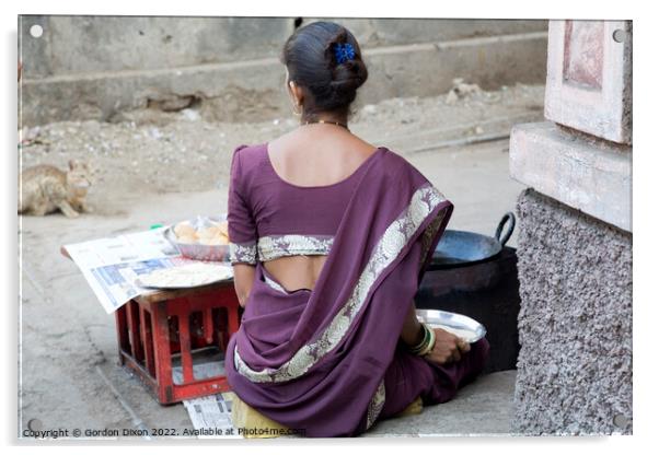 Indian lady in purple traditional dress cooks poori in hot oil on the street Acrylic by Gordon Dixon