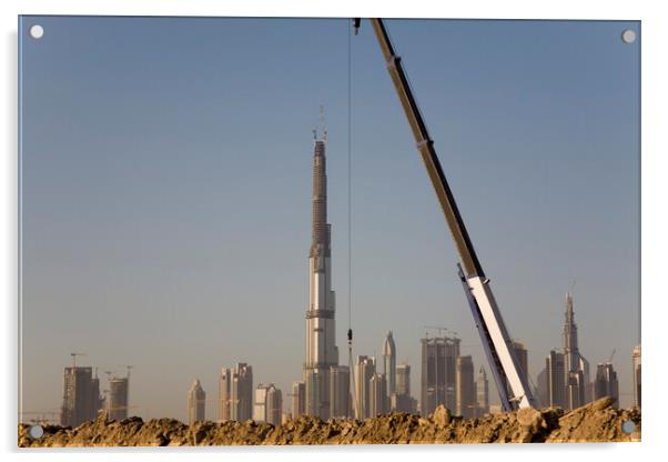Checking it's vertical - Sheik Zayed Road skyline during construction of the Burj Khalifa, Dubai Acrylic by Gordon Dixon
