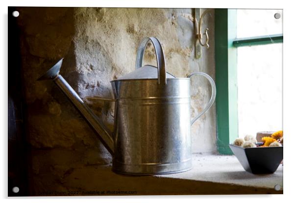 A galvanised watering can sits on a windowsill Acrylic by Gordon Dixon