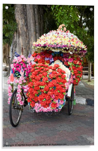 Eccentric floral decorations on pedal powered trishaw - Melaka. Malaysia Acrylic by Gordon Dixon