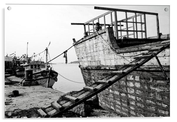 Wooden ship undergoing repairs in Mangalore - watercolour conversion of B&W image Acrylic by Gordon Dixon
