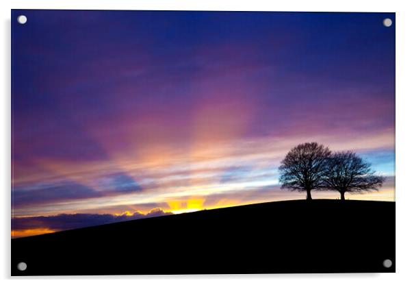Dramatic sunset behind Spir Hill with sunbeams Acrylic by Gordon Dixon