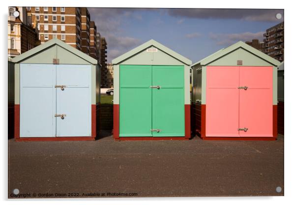 Three beach huts in pastel shades - Brighton Acrylic by Gordon Dixon