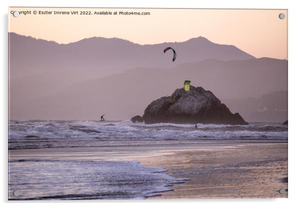 Wind surfers on the Pacific Oean near San Francisco Acrylic by Eszter Imrene Virt