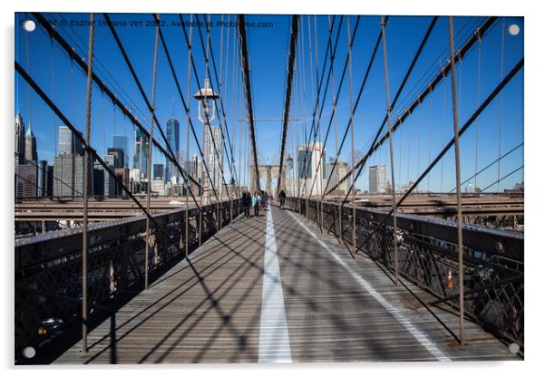 The skyline of Manhattan from the Brooklyn Bridge  Acrylic by Eszter Imrene Virt