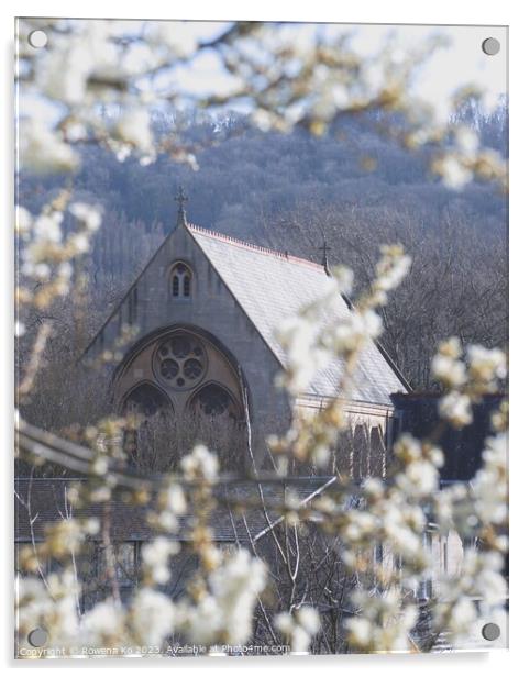 St John's Church Framed by blossom  Acrylic by Rowena Ko
