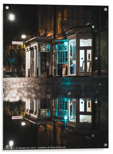 Puddle reflection of the lightened up Argyle Street in early rainy morning Bath Acrylic by Rowena Ko