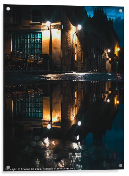 Puddle reflection of the lightened up York Street in early rainy morning Bath Acrylic by Rowena Ko