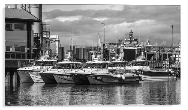 Catamarans in Montrose Harbour Scotland Monochrome Acrylic by DAVID FRANCIS