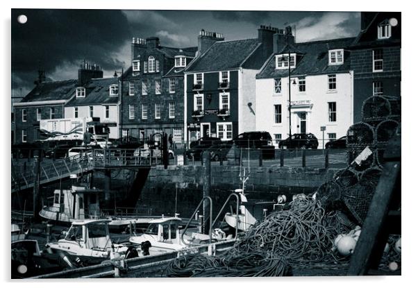Houses and Fishing Boats at Arbroath Harbour Mono Acrylic by DAVID FRANCIS