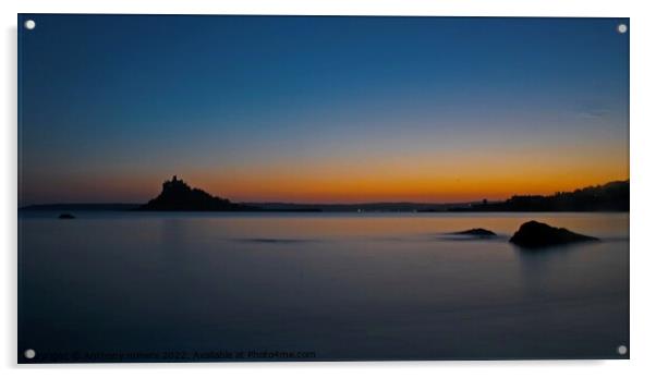 Beautiful Sun set over St.Michaels Mount Cornwall .  Acrylic by Anthony miners
