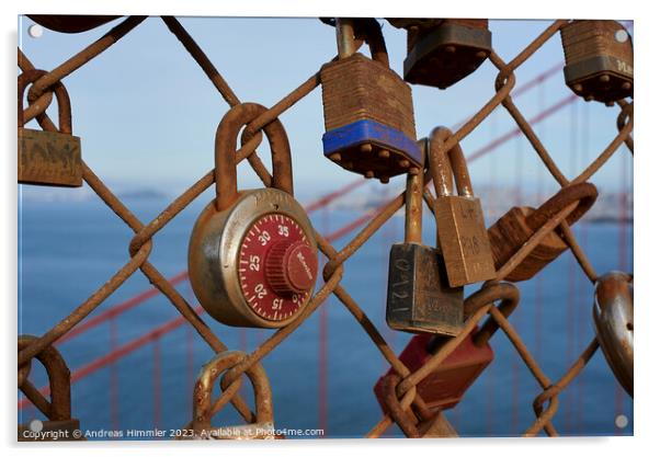 Love padlock at Battery Spencer above the Golden Gate Bridge Acrylic by Andreas Himmler