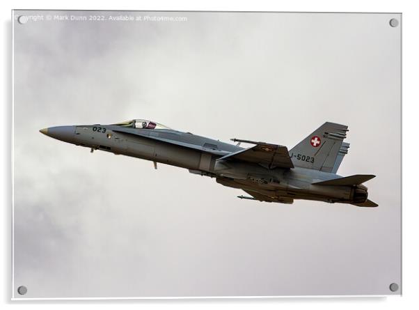 Swiss Military F18 Hornet Aircraft in flight Acrylic by Mark Dunn