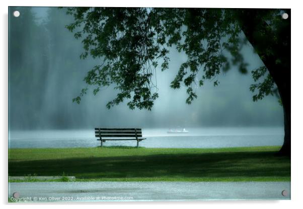 "Enchanting Serenity: A Park Bench by the Misty La Acrylic by Ken Oliver