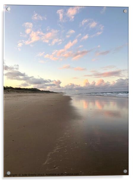 Pink Clouds at Sunset reflecting on Coolum Beach Queensland Acrylic by Julie Gresty