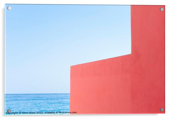 Pink wall against blue sea and sky Acrylic by Simo Wave