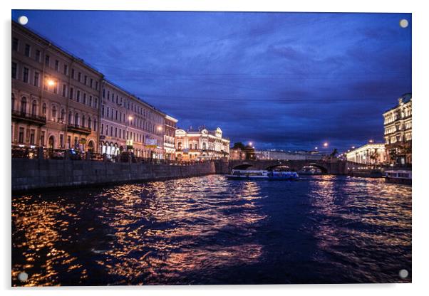 Night time cruise on the Neva, st Petersburg Acrylic by Sally Wallis