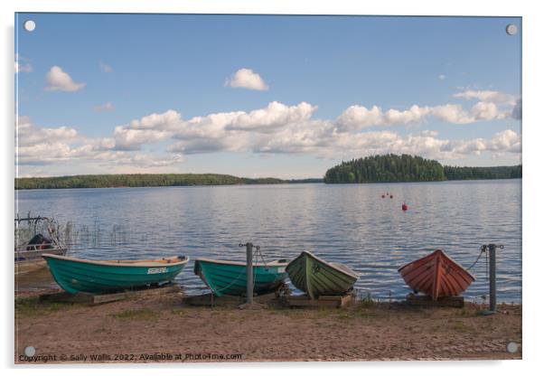 Boats at lakeside, Finland Acrylic by Sally Wallis