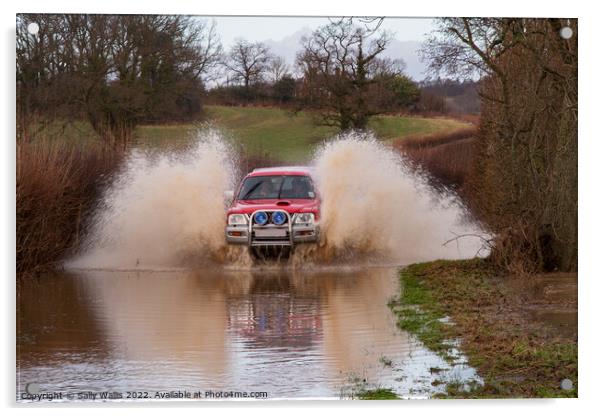 Car travelling at speed through flood Acrylic by Sally Wallis