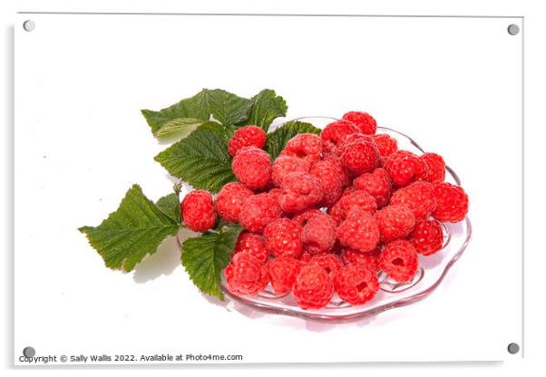 Fresh raspberries on a glass dish Acrylic by Sally Wallis