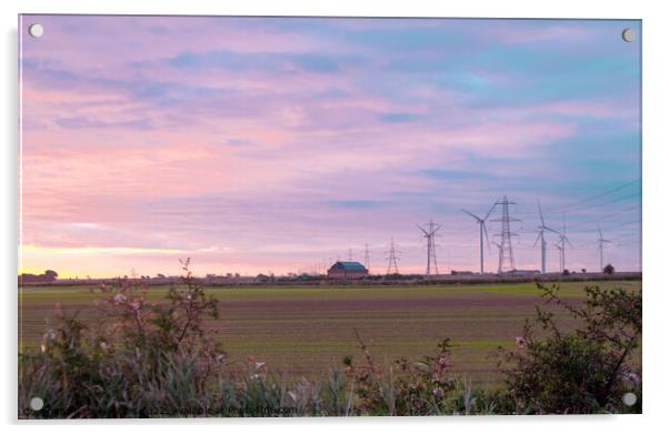 Pylons and wind turbines at daybreak Acrylic by Sally Wallis