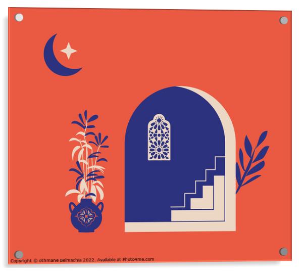 Creative minimalist abstracts. House or mosque facade with stairs, hallway and portal with arch, indoor plants, Arabesque window. Acrylic by othmane Belmachia