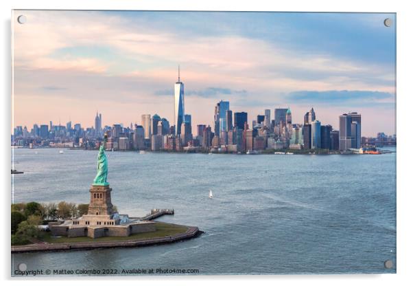 Aerial of the Statue of Liberty and Manhattan skyline, New York, Acrylic by Matteo Colombo