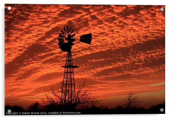 Kansas Sunset with a colorful sky and Windmill  Acrylic by Robert Brozek