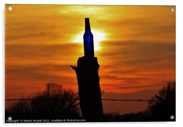 Sunset with a bottle on a fence post with sky. Acrylic by Robert Brozek