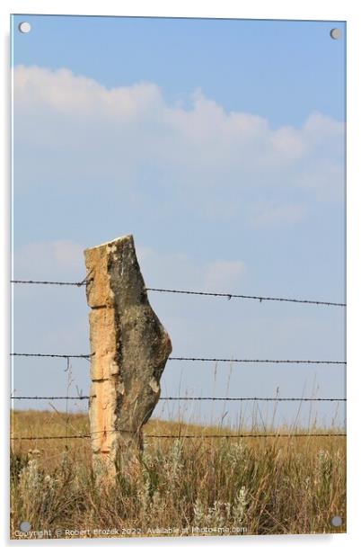 Stone Post fence with a field and blue sky Acrylic by Robert Brozek