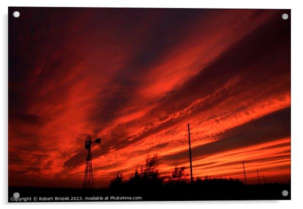 Kansas Blazing Red Sunset with a Windmill Silhouette Acrylic by Robert Brozek