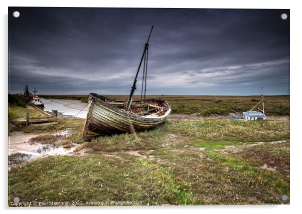 Seascape at Thornham Norfolk UK showing Harbour and Old Fishing Boat Acrylic by Paul Stearman