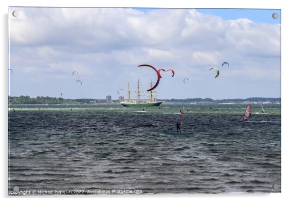 Lots of kite surfing activity at the Baltic Sea beach of Laboe Acrylic by Michael Piepgras