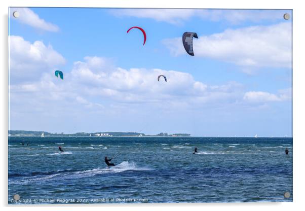 Lots of kite surfing activity at the Baltic Sea beach of Laboe i Acrylic by Michael Piepgras