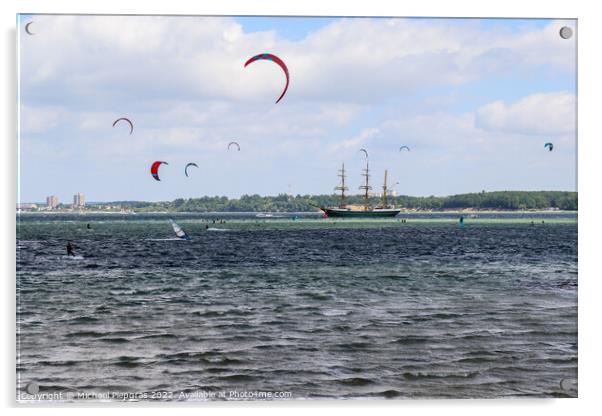 Lots of kite surfing activity at the Baltic Sea beach of Laboe i Acrylic by Michael Piepgras