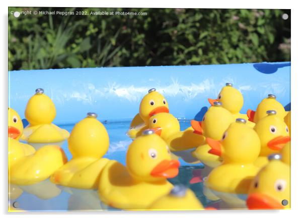 Selective focus. Many yellow rubber ducks swimming in circles in Acrylic by Michael Piepgras