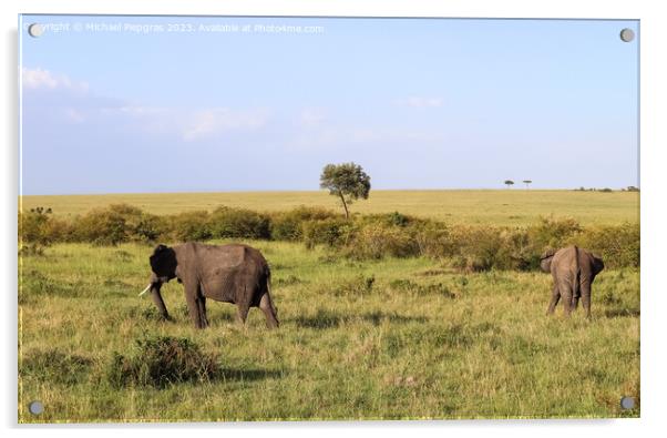 Wild elephants in the bushveld of Africa on a sunny day. Acrylic by Michael Piepgras