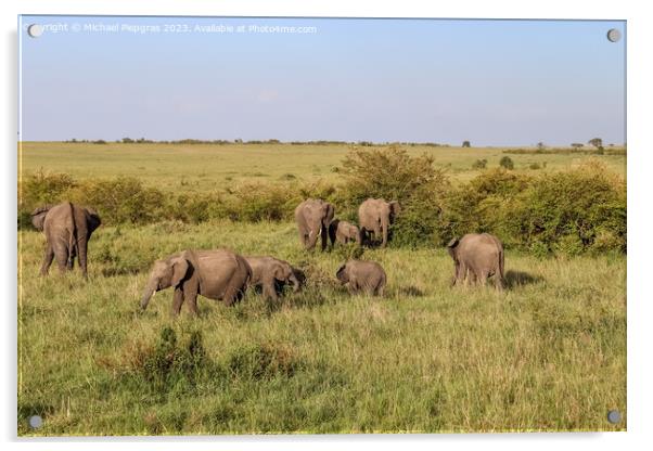 Wild elephants in the bushveld of Africa on a sunny day. Acrylic by Michael Piepgras