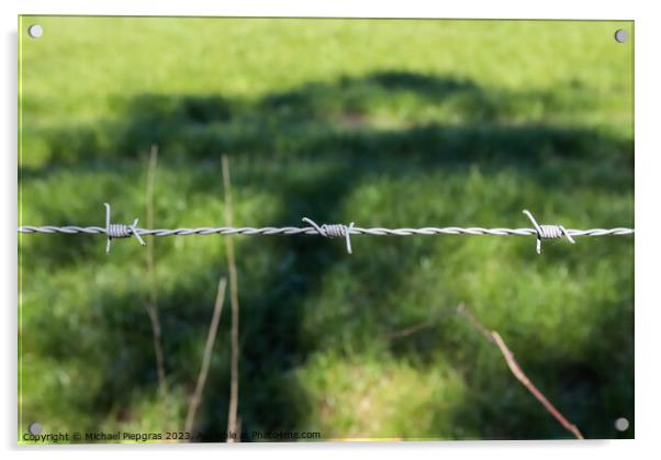 Barbed wire on with a soft focus bokeh in the background. Acrylic by Michael Piepgras