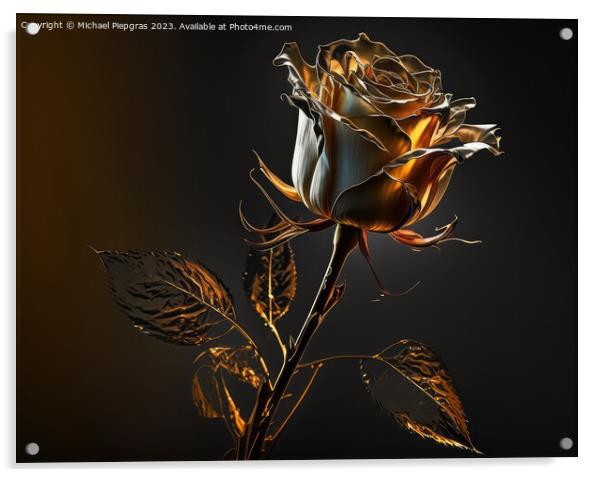 A long-stemmed rose with golden petals against a dark background Acrylic by Michael Piepgras