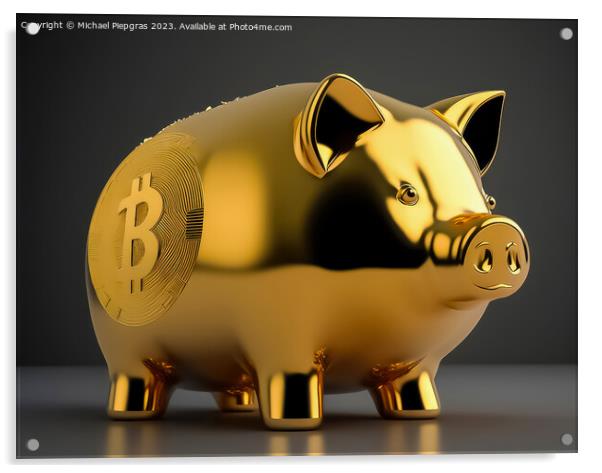 A piggy bank made of gold with some cryptocurrency logo created  Acrylic by Michael Piepgras