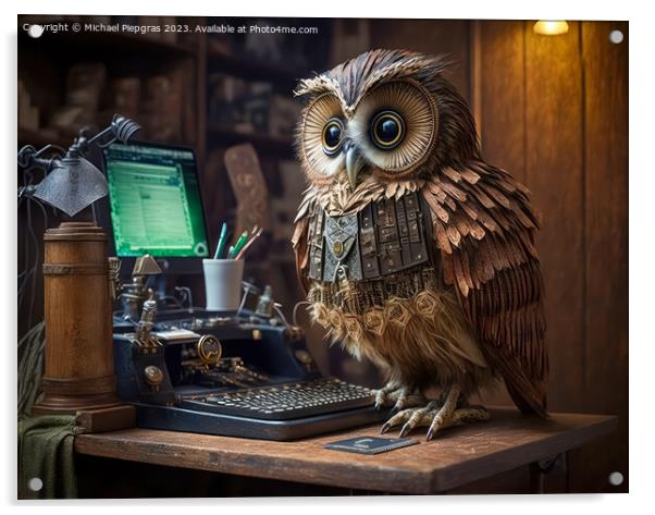 A steampunk owl works very diligently with a computer at a desk  Acrylic by Michael Piepgras