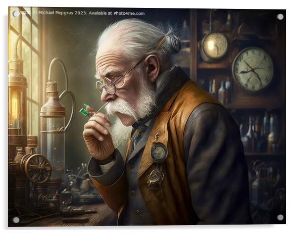 An elderly scientist in a steampunk look in an old lab created w Acrylic by Michael Piepgras