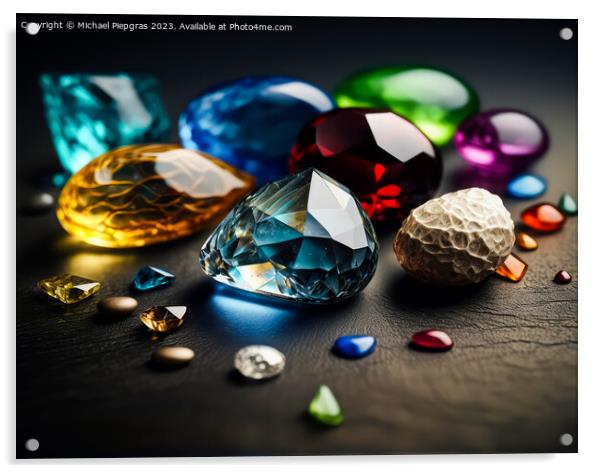 Many different coloured gemstones on a dark table created with g Acrylic by Michael Piepgras